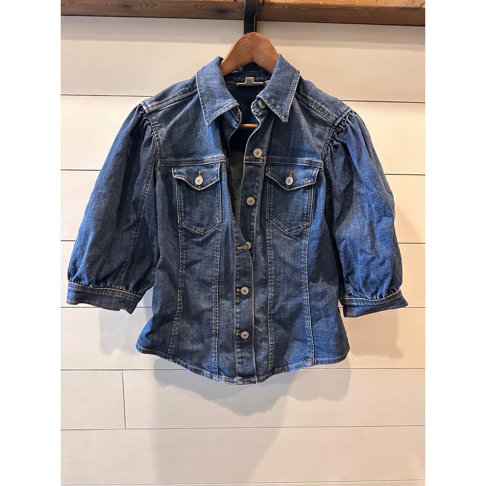 Chico's Puff Sleeve Denim Jacket Blue Stretch Three Quarter Sleeve Size 0 Small